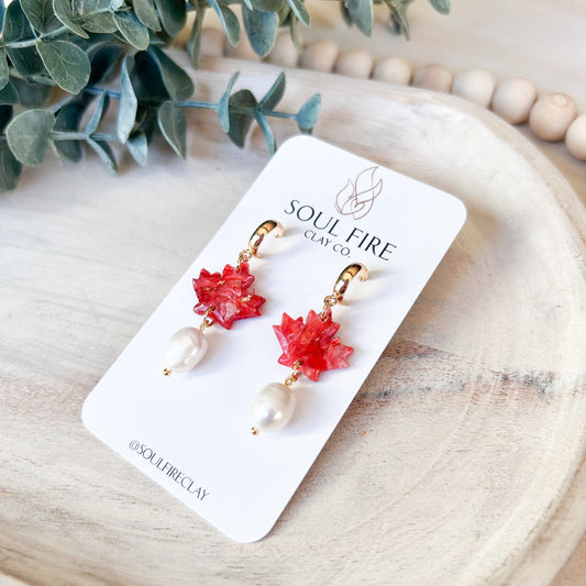 Canada day - marbled pearl maple leaf - statement Earrings