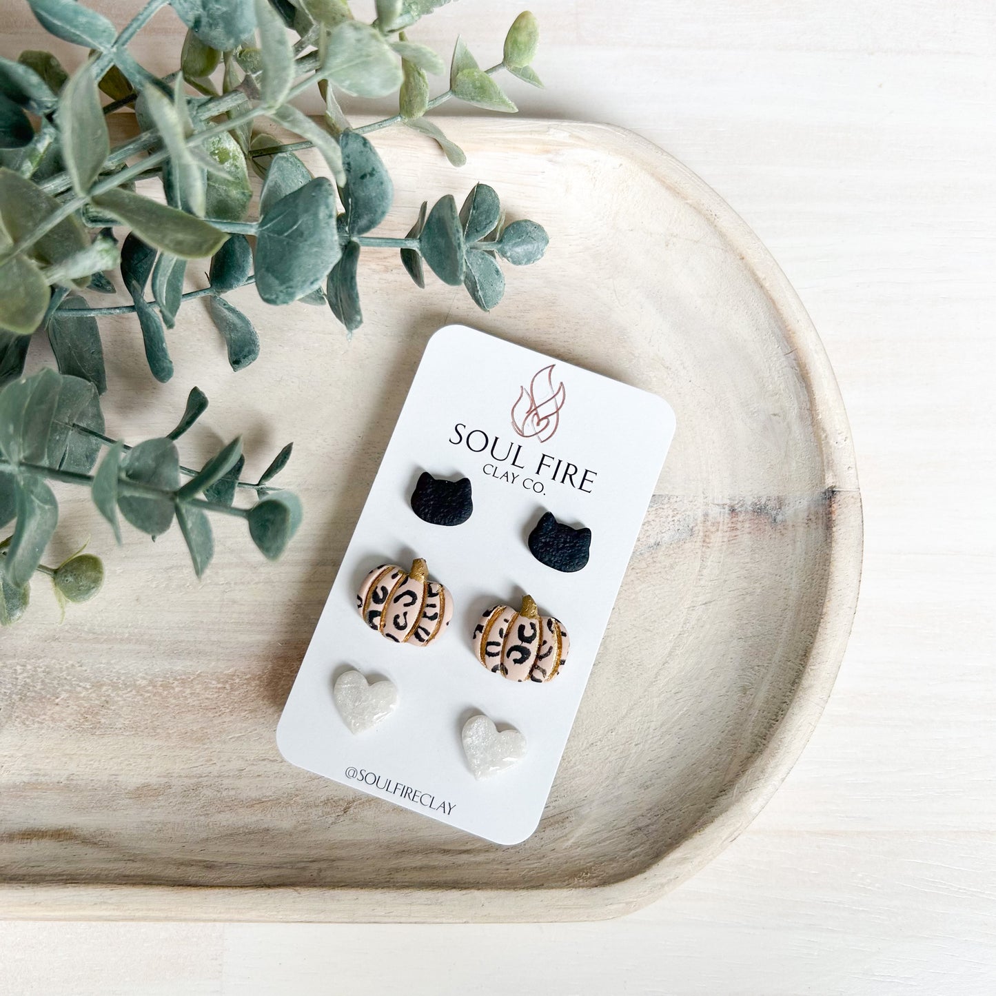 Stud Trio - Leopard Pumpkin, Black Cat & White Heart- Statement Earrings