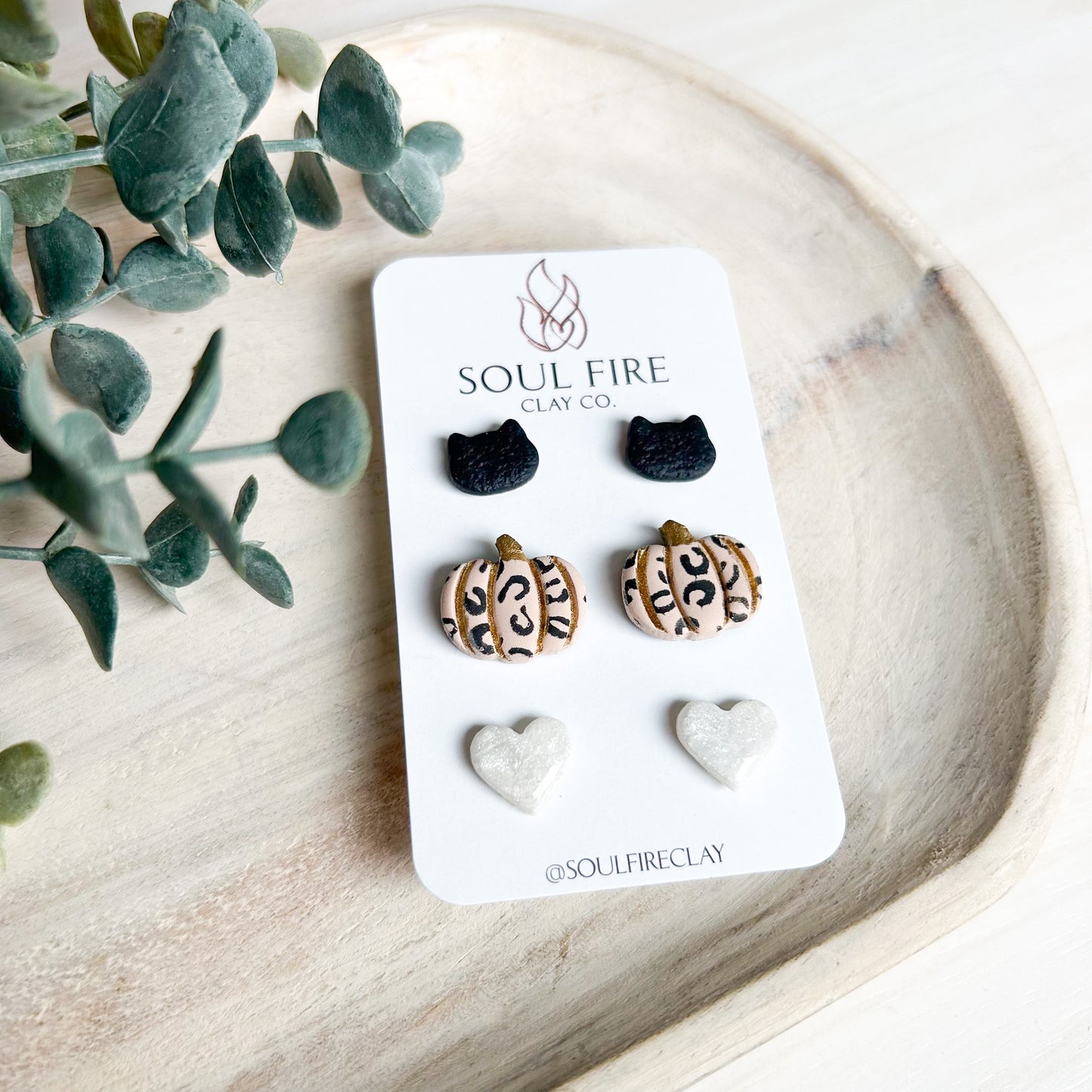 Stud Trio - Leopard Pumpkin, Black Cat & White Heart- Statement Earrings