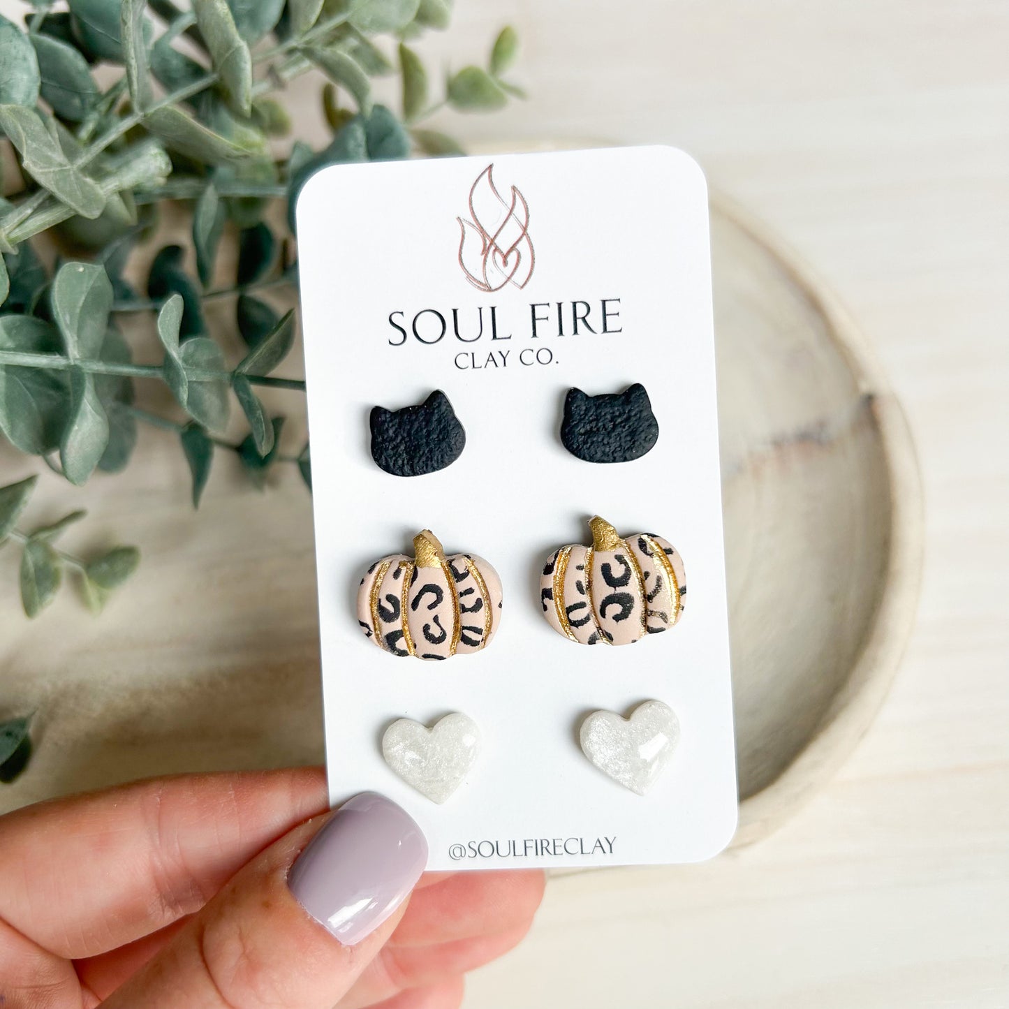 Stud Trio - Leopard Pumpkin, Black Cat & White Heart- Statement Earrings