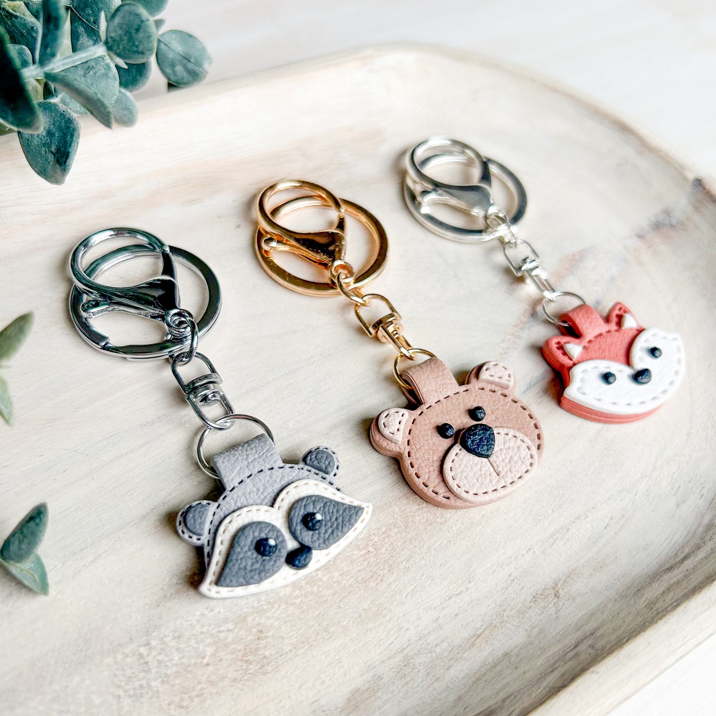 Bear, Fox & Raccoon - Leather Textured Polymer Clay Keychain