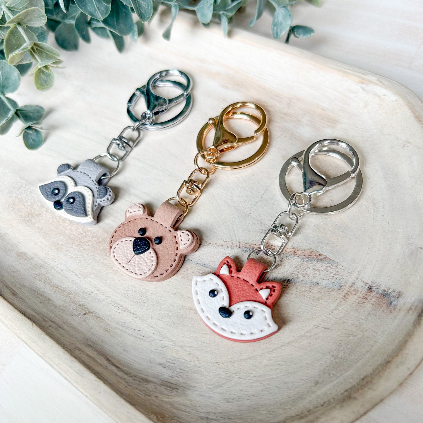 Bear, Fox & Raccoon - Leather Textured Polymer Clay Keychain