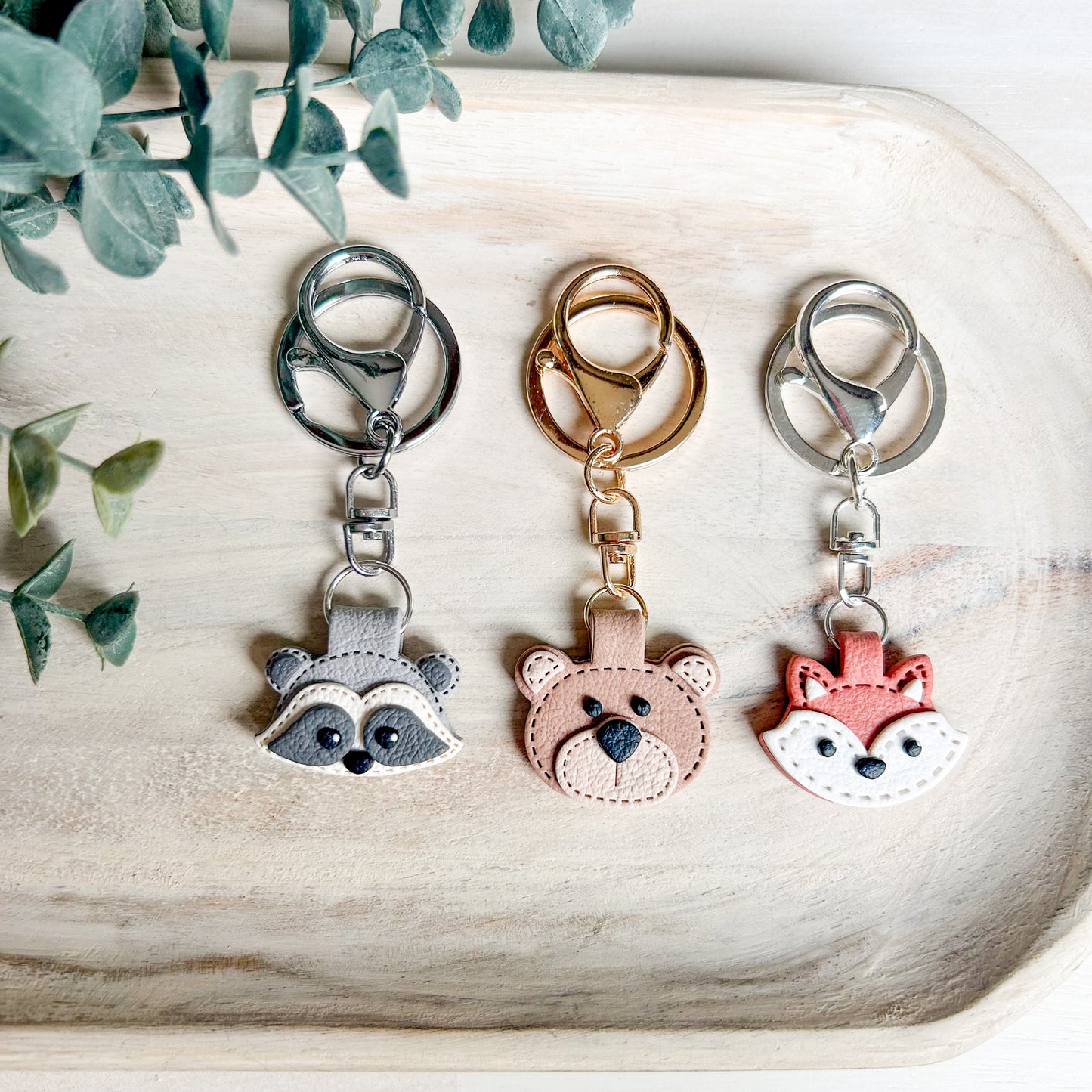 Bear, Fox & Raccoon - Leather Textured Polymer Clay Keychain