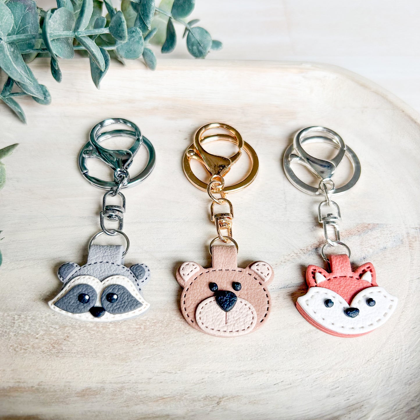 Bear, Fox & Raccoon - Leather Textured Polymer Clay Keychain