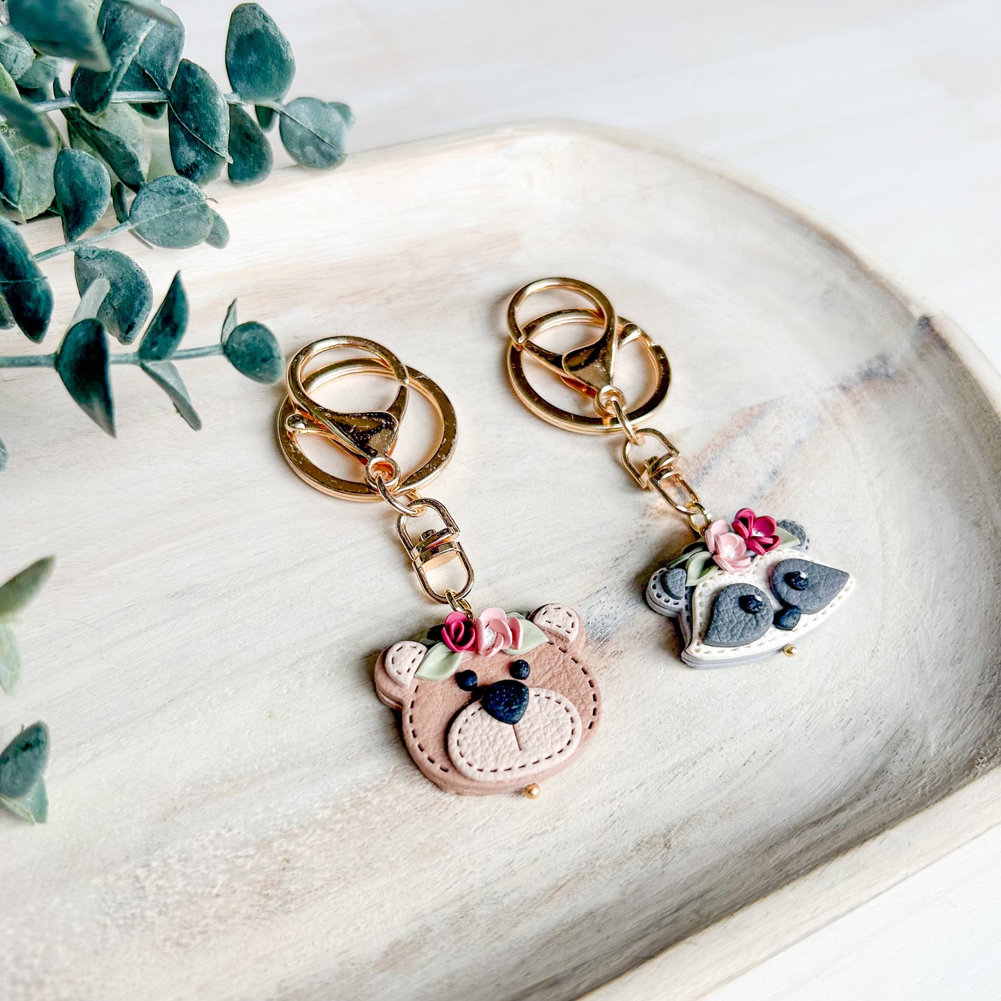 Floral Bear & Raccoon - Leather Textured Polymer Clay Keychain