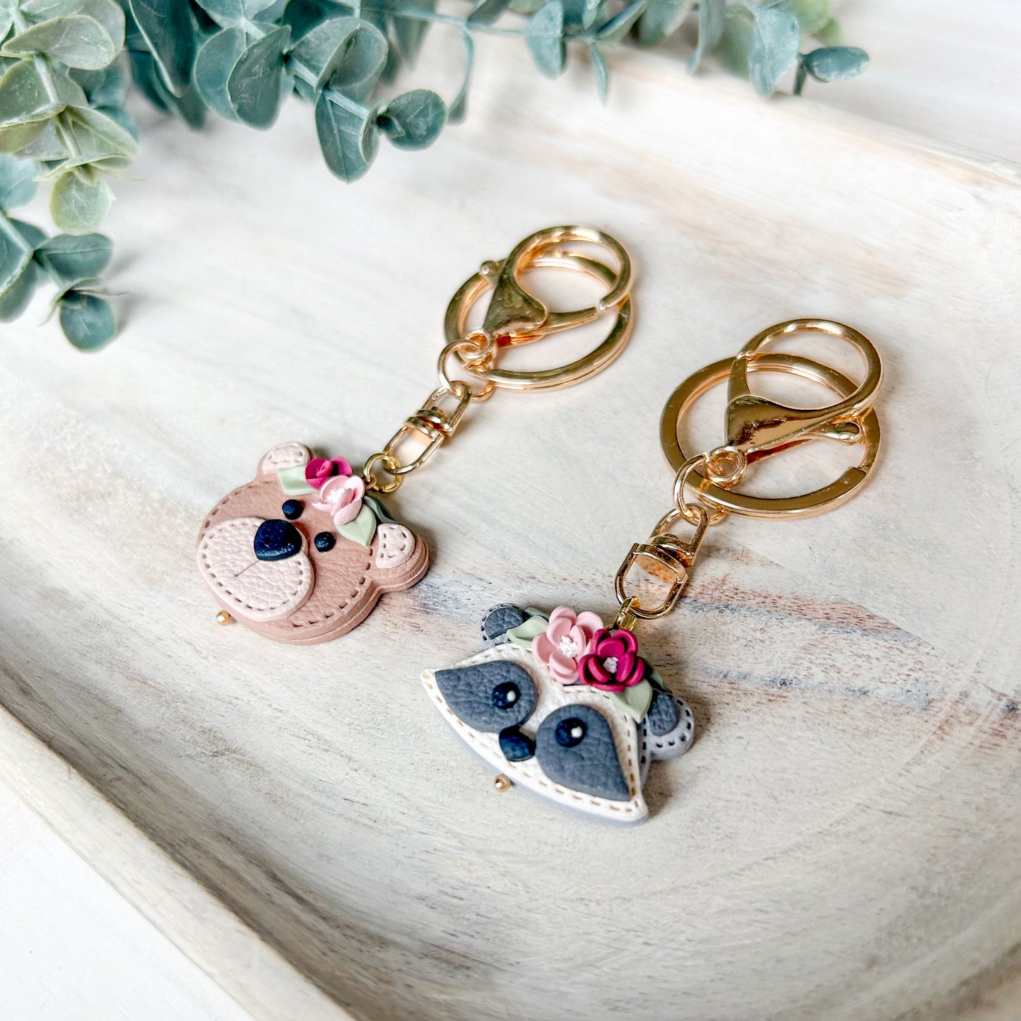 Floral Bear & Raccoon - Leather Textured Polymer Clay Keychain