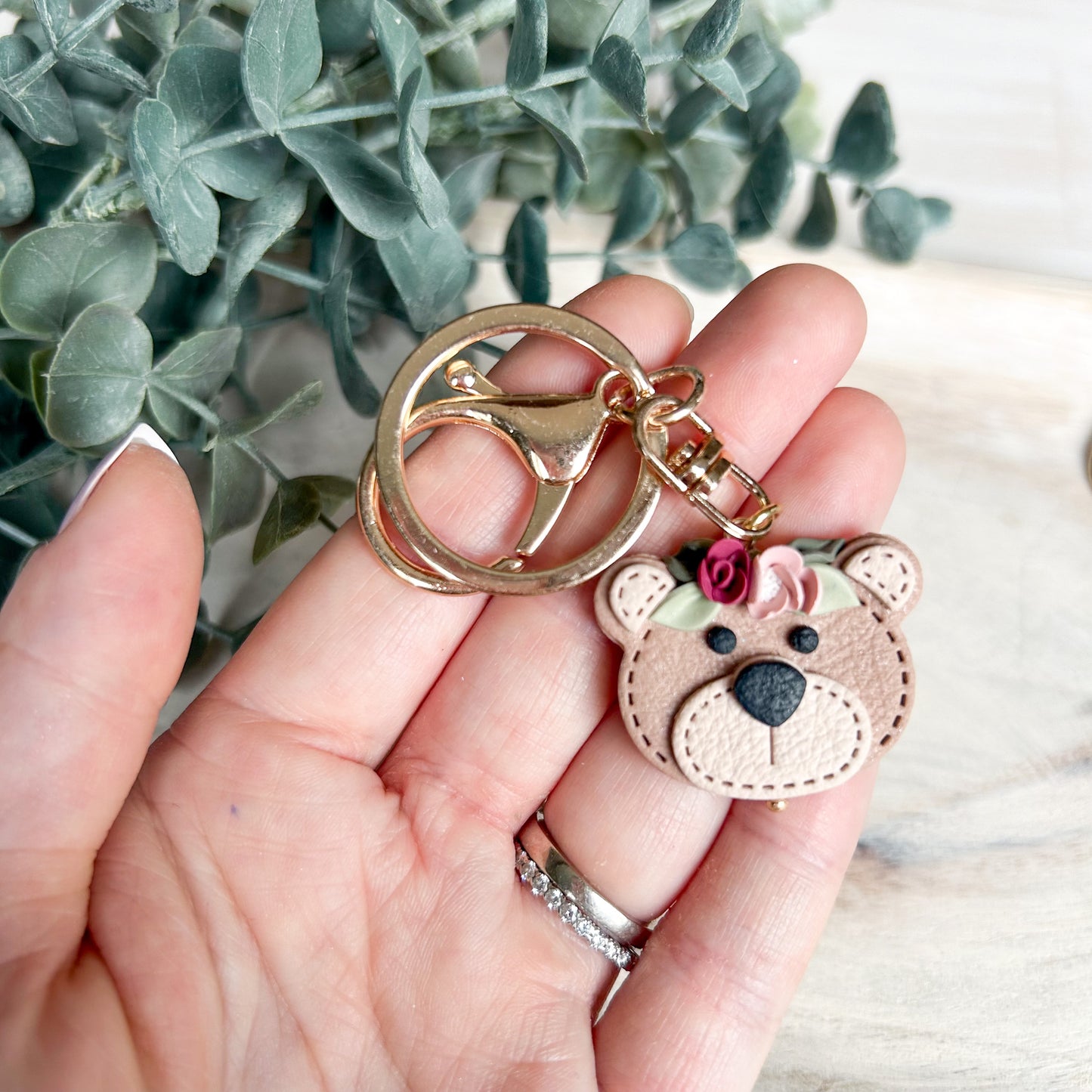 Floral Bear & Raccoon - Leather Textured Polymer Clay Keychain