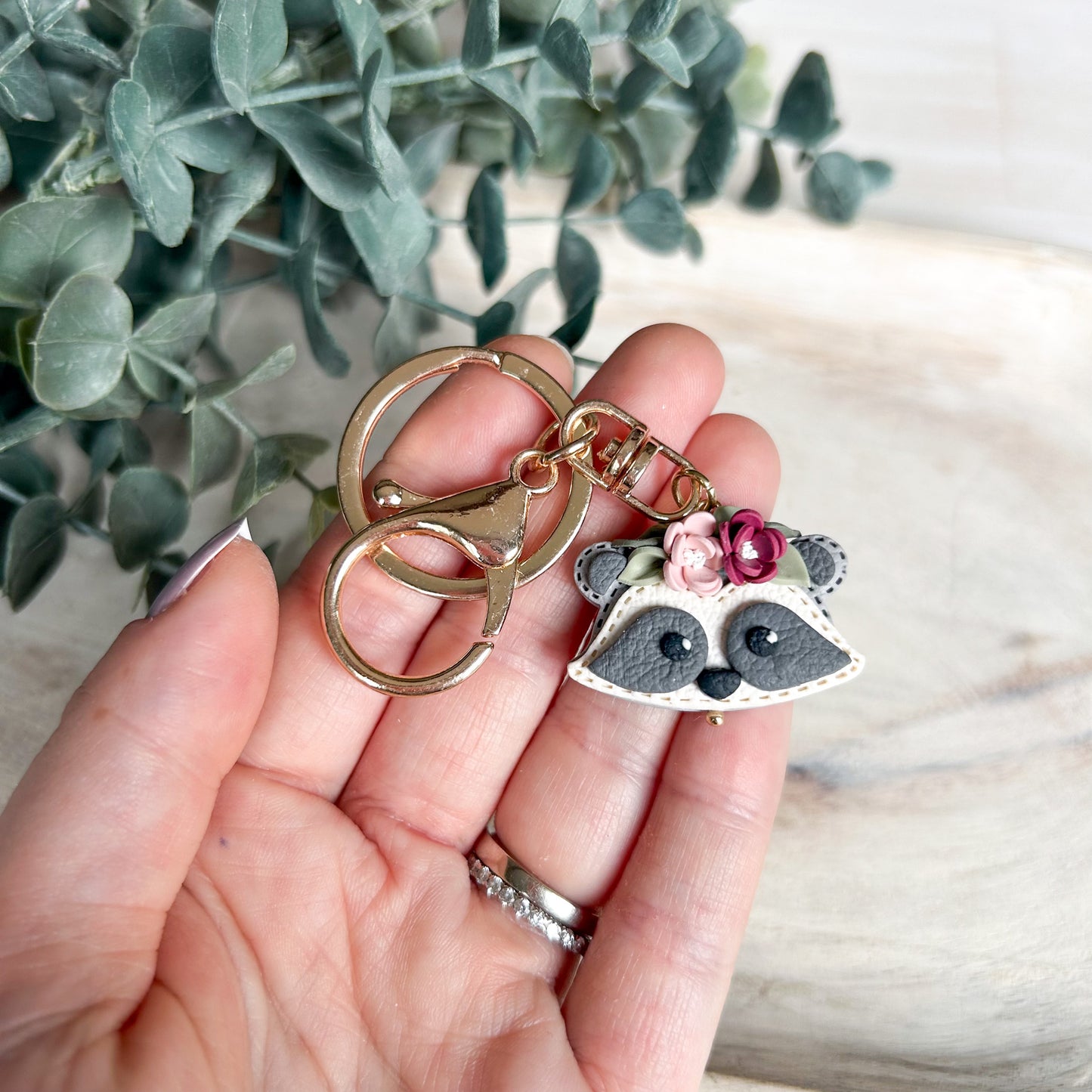 Floral Bear & Raccoon - Leather Textured Polymer Clay Keychain