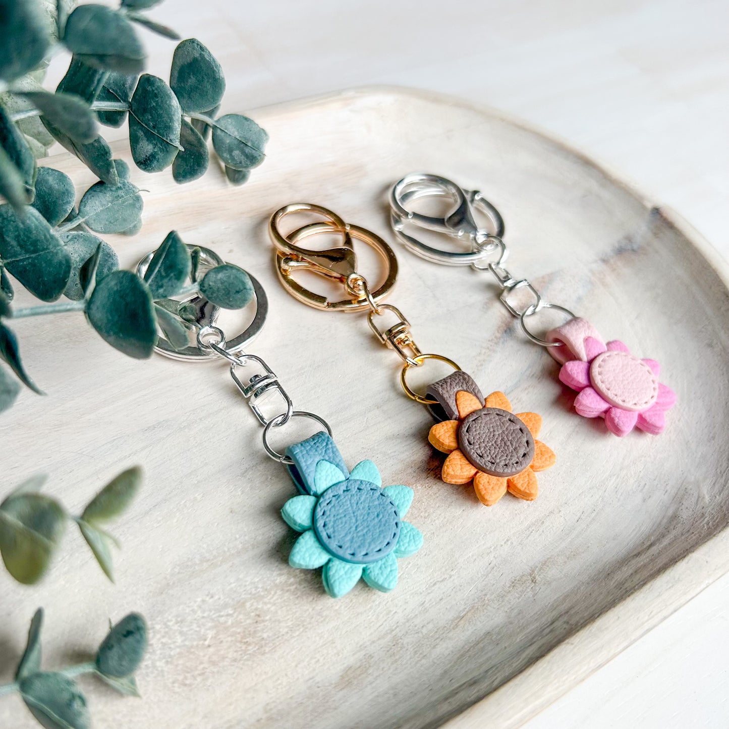 Stitched Flower - Leather Textured Polymer Clay Keychain