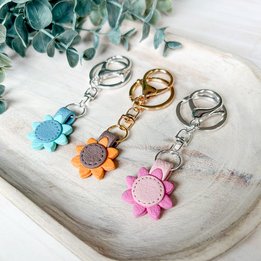 Stitched Flower - Leather Textured Polymer Clay Keychain