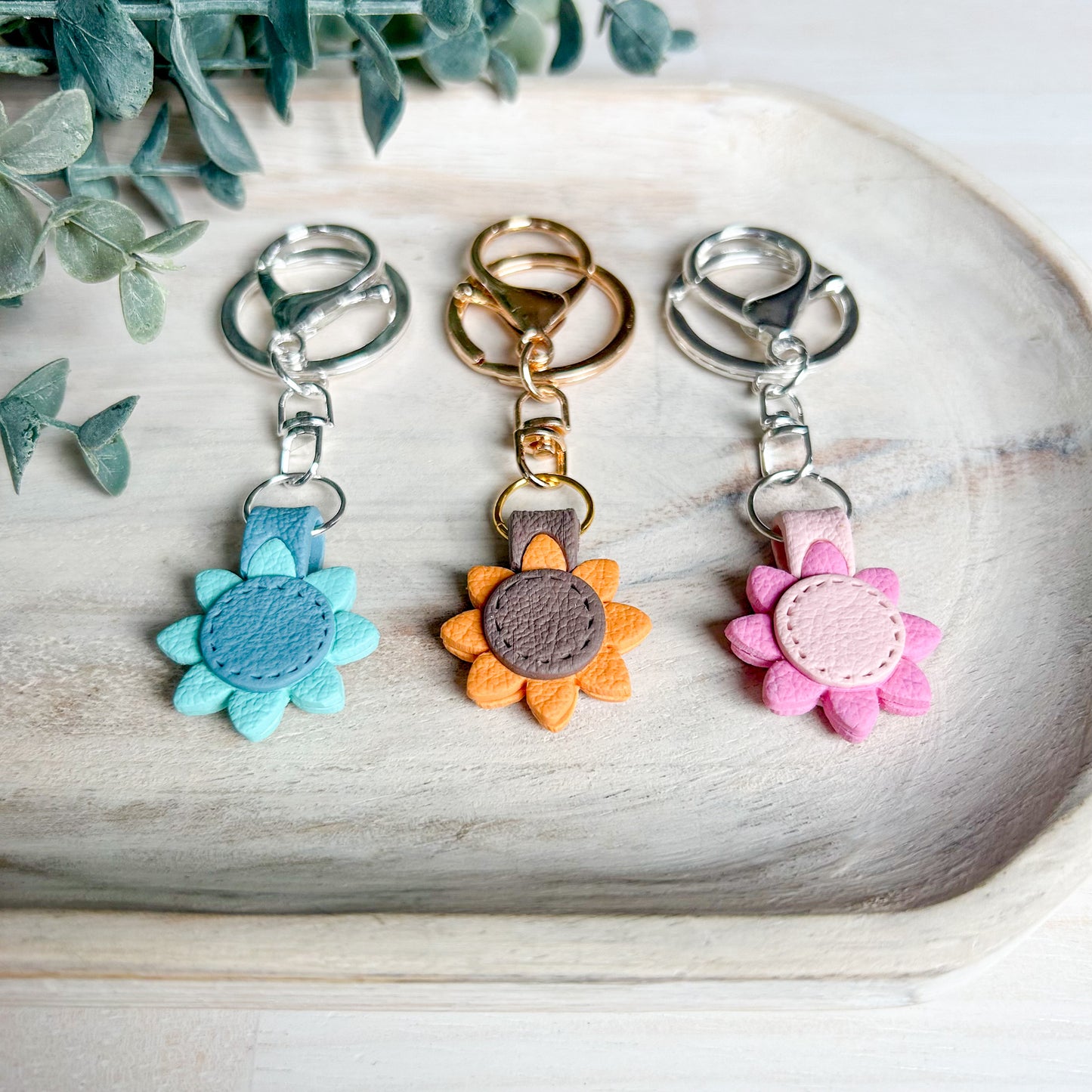 Stitched Flower - Leather Textured Polymer Clay Keychain