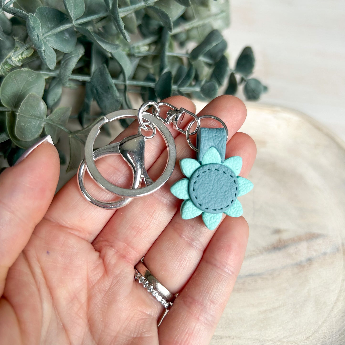 Stitched Flower - Leather Textured Polymer Clay Keychain