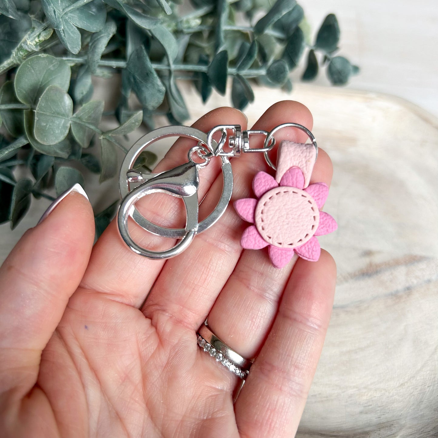 Stitched Flower - Leather Textured Polymer Clay Keychain