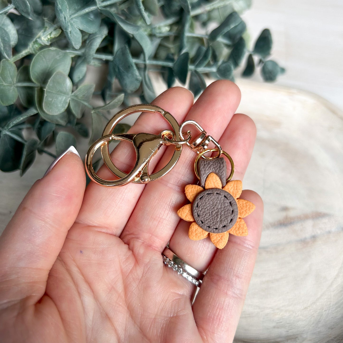 Stitched Flower - Leather Textured Polymer Clay Keychain