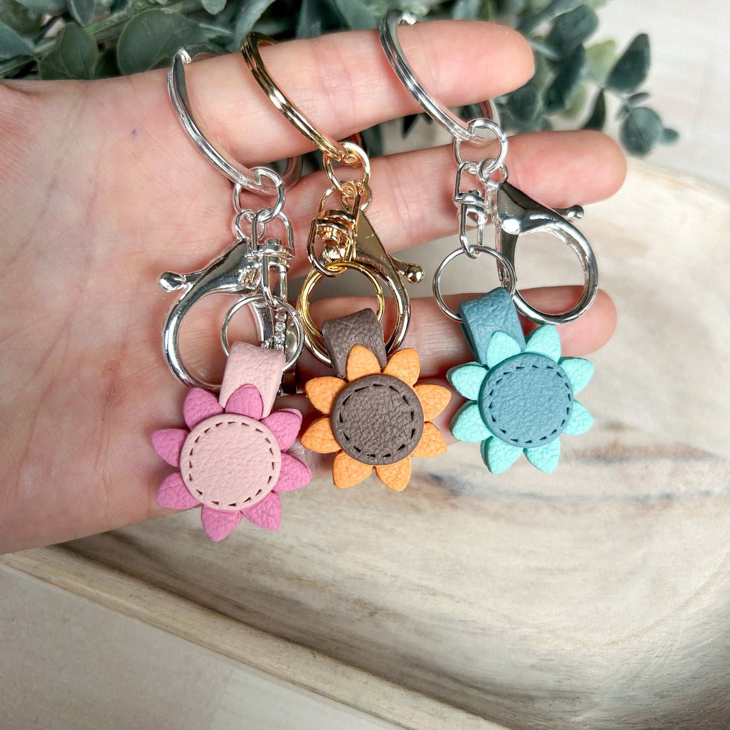 Stitched Flower - Leather Textured Polymer Clay Keychain