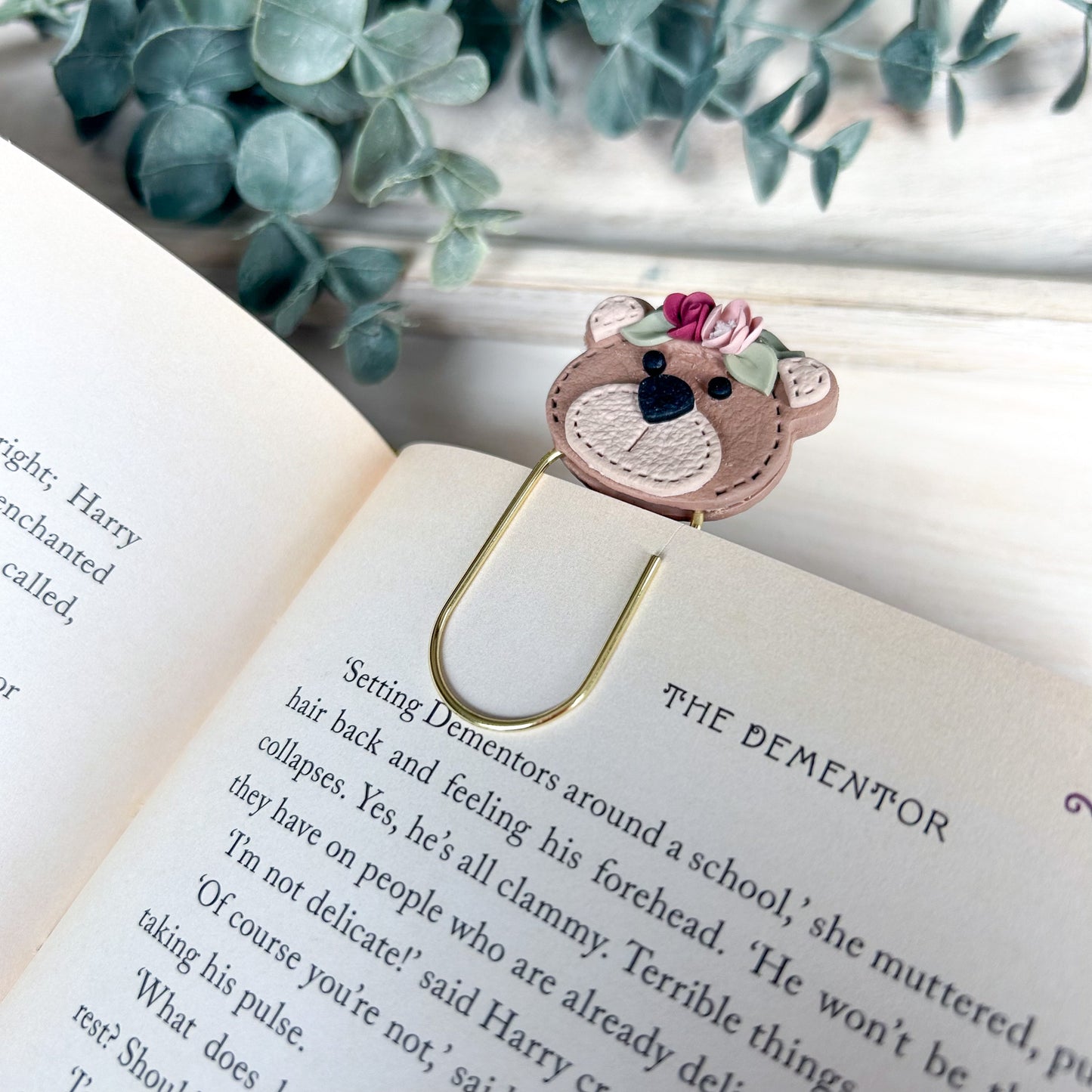 Floral Bear & Raccoon - Leather Textured Polymer Clay Bookmark