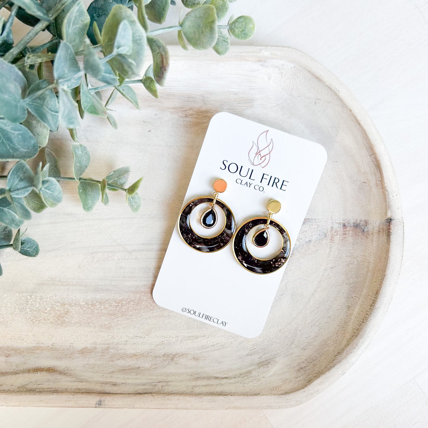 Black & Gold Marble Circle Window - Fall Statement Earrings