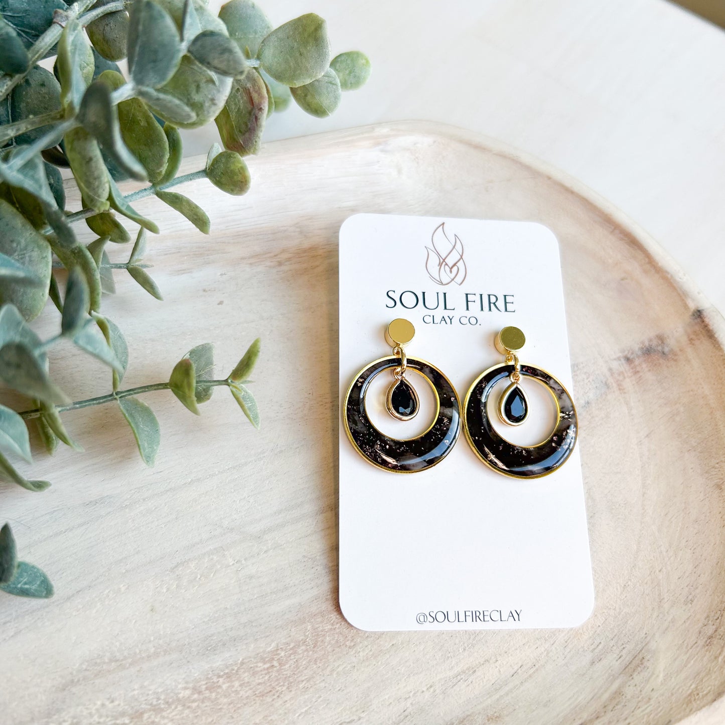 Black & Gold Marble Circle Window - Fall Statement Earrings