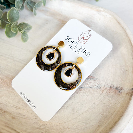 Black & Gold Marble Circle Window - Fall Statement Earrings