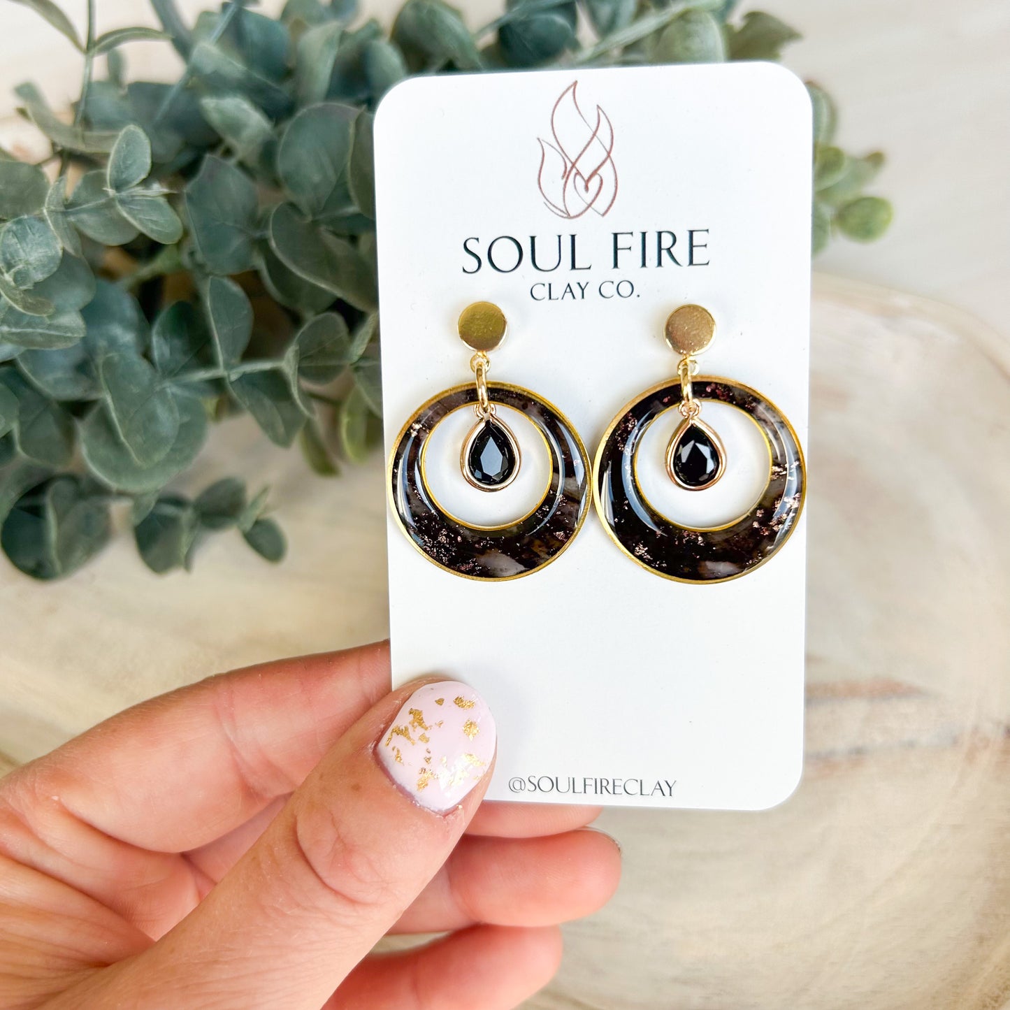 Black & Gold Marble Circle Window - Fall Statement Earrings