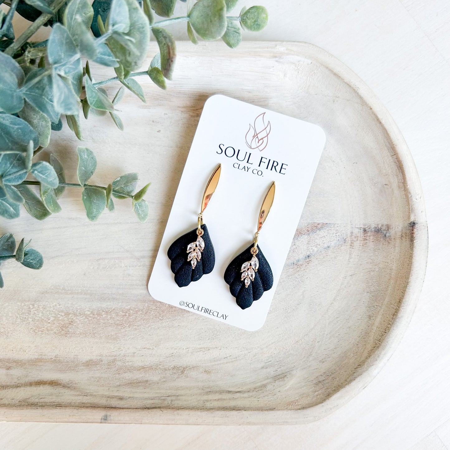 Black & Bling Scalloped Leaf Drop- Fall Statement Earrings