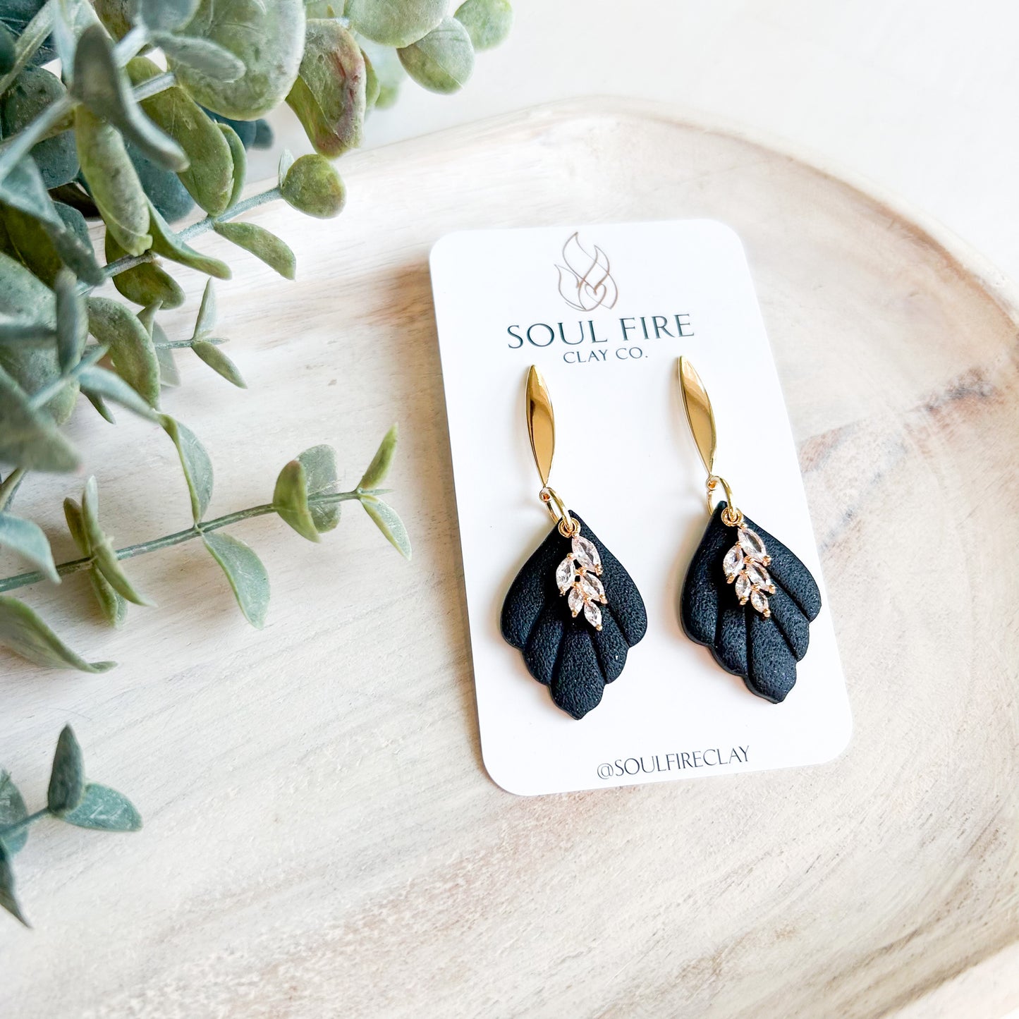 Black & Bling Scalloped Leaf Drop- Fall Statement Earrings