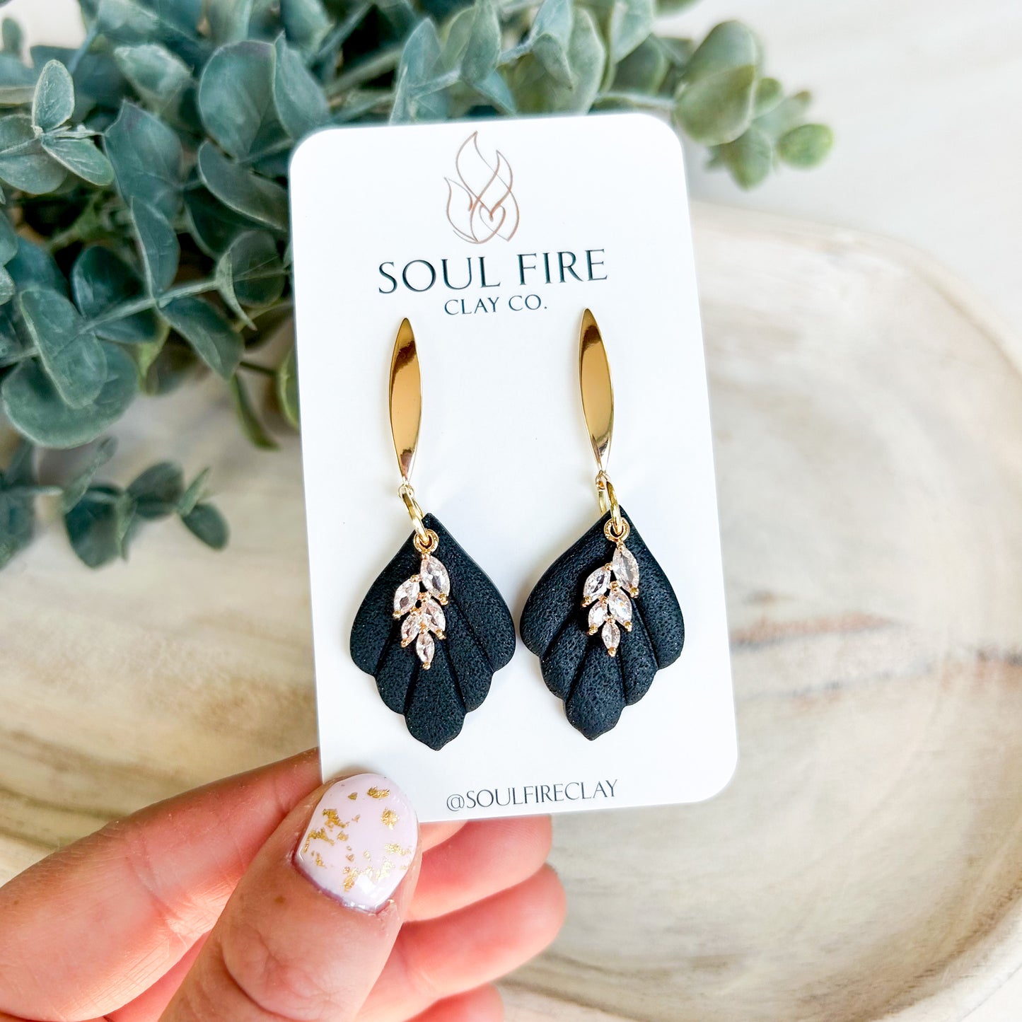 Black & Bling Scalloped Leaf Drop- Fall Statement Earrings