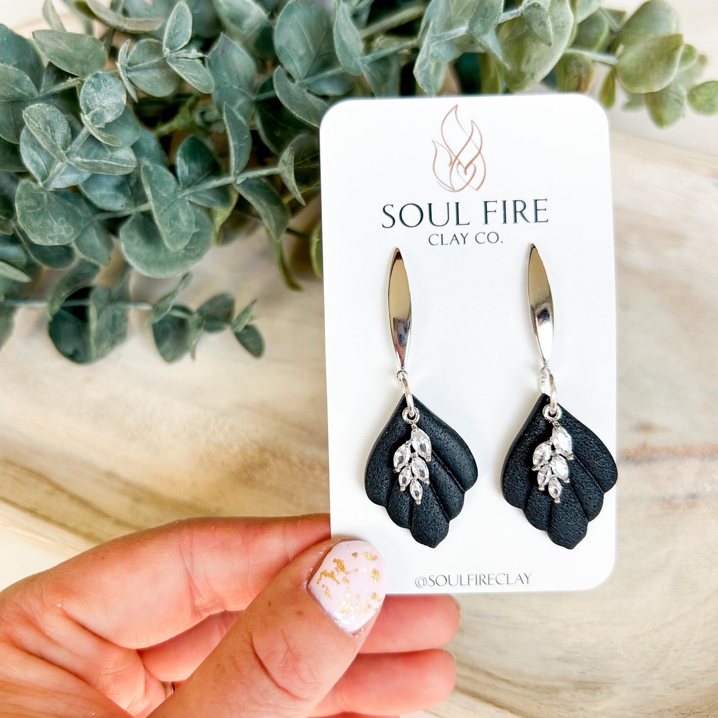 Black & Bling Scalloped Leaf Drop- Fall Statement Earrings