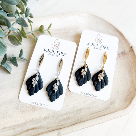 Black & Bling Scalloped Leaf Drop- Fall Statement Earrings