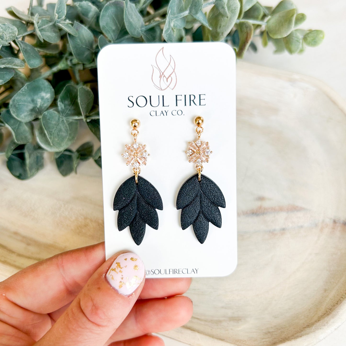 Black & Bling Scalloped Leaf Drop - Fall Statement Earrings