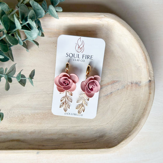 Pink Rose & Gold Leaves - Fall Statement Earrings