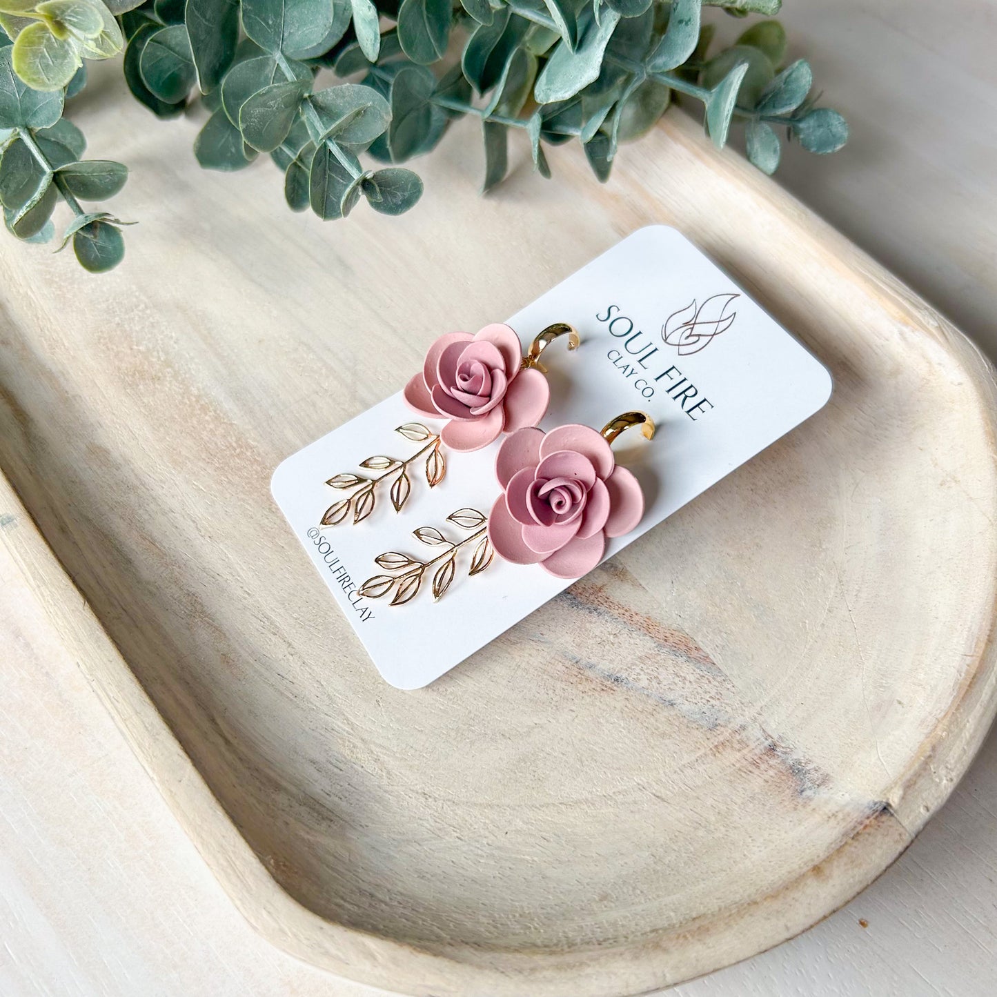 Pink Rose & Gold Leaves - Fall Statement Earrings