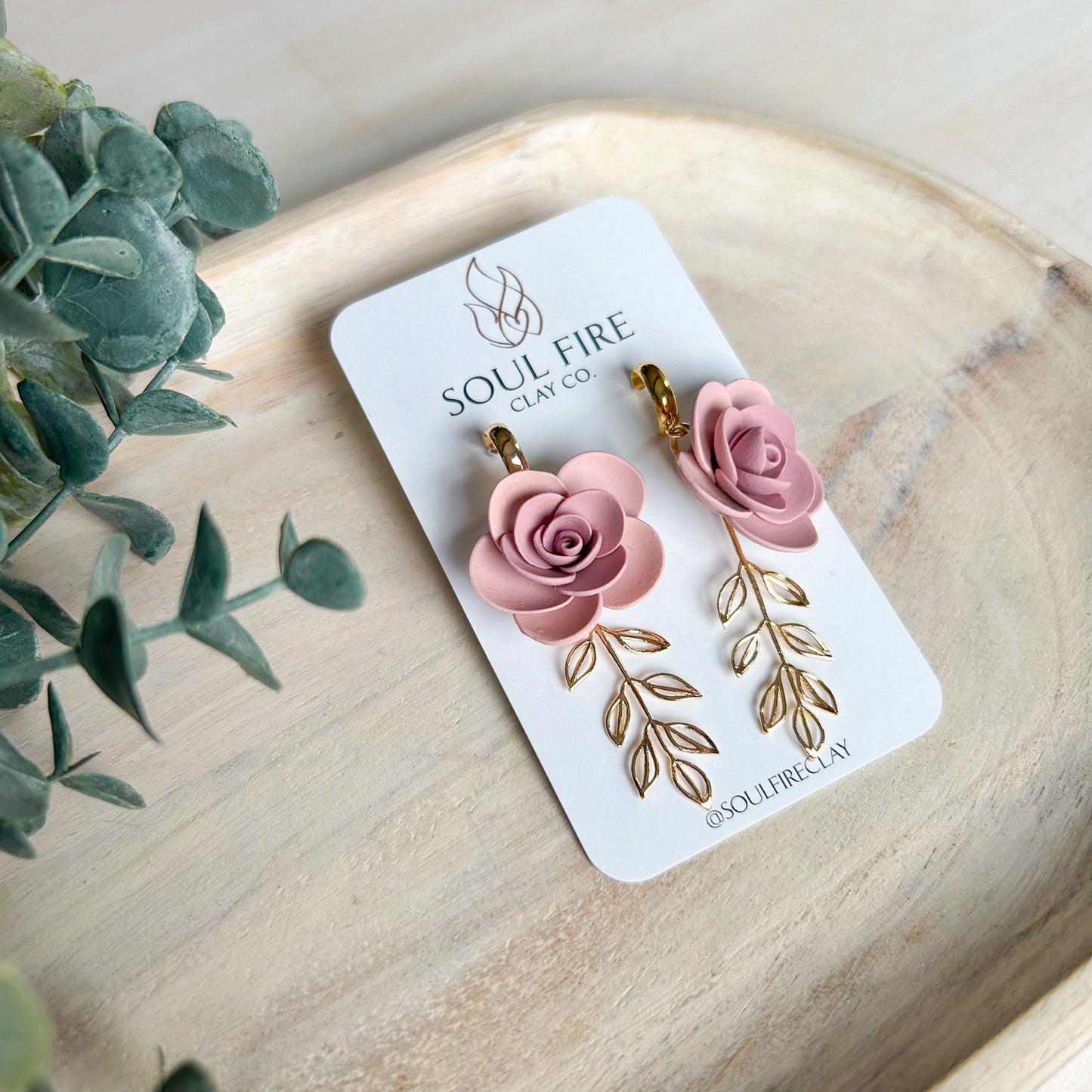 Pink Rose & Gold Leaves - Fall Statement Earrings