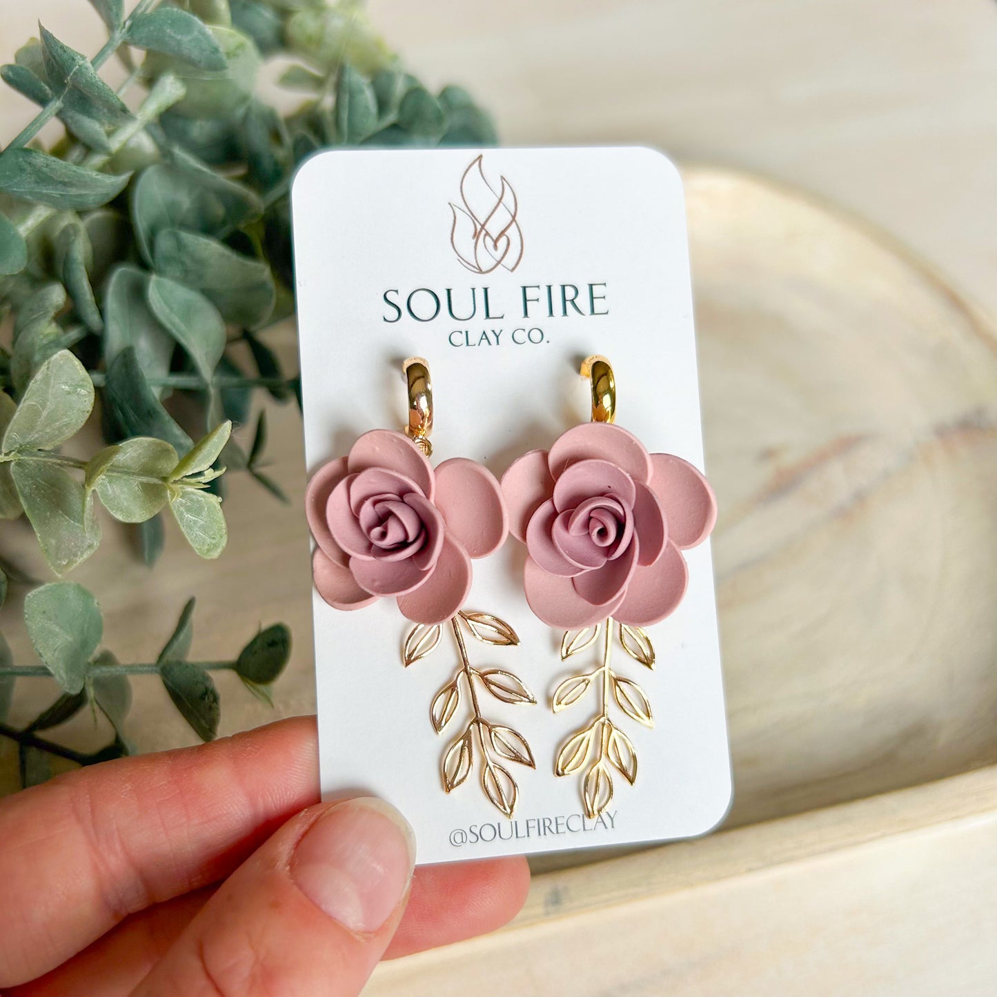 Pink Rose & Gold Leaves - Fall Statement Earrings