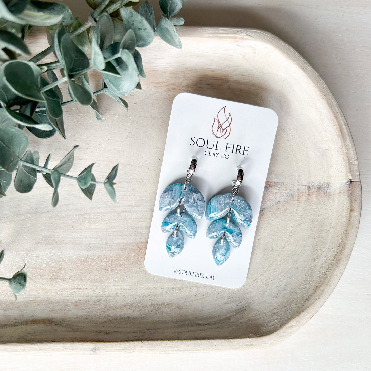 Teal & Silver Marbled Leaf Drop - Fall Statement Earrings