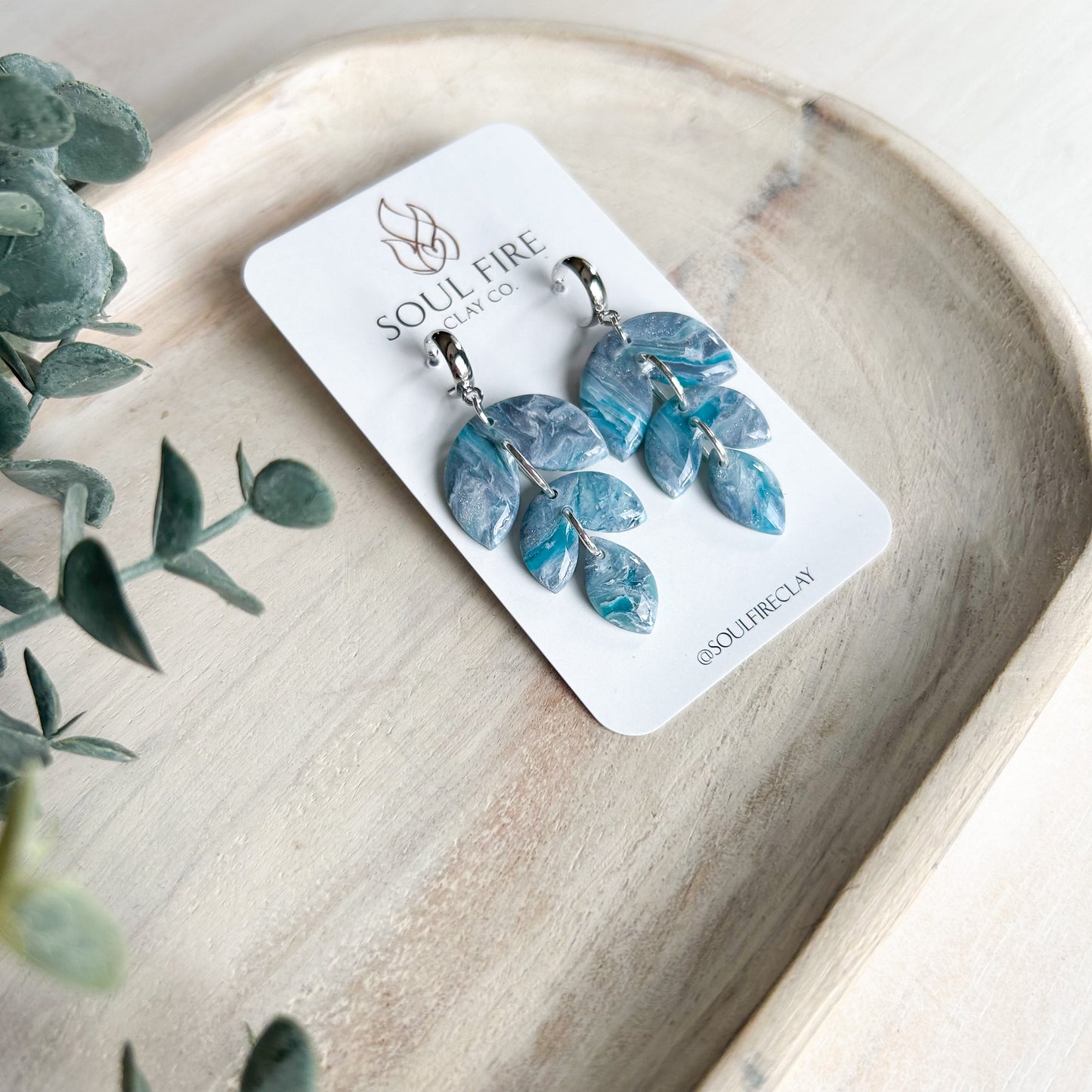 Teal & Silver Marbled Leaf Drop - Fall Statement Earrings