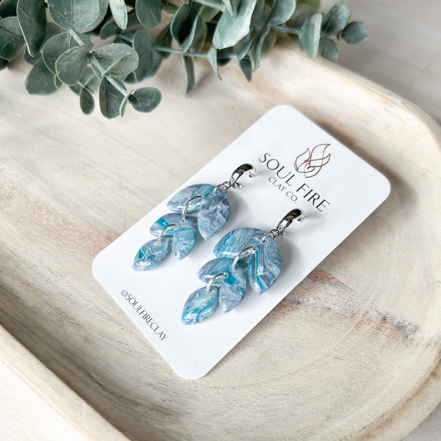 Teal & Silver Marbled Leaf Drop - Fall Statement Earrings