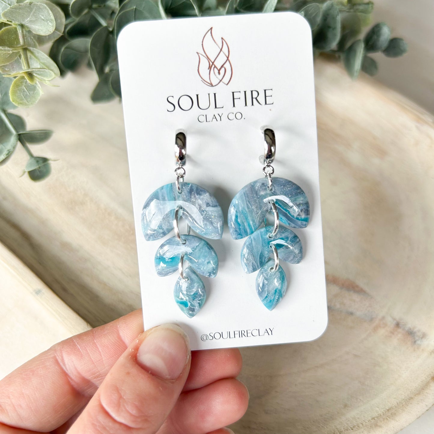 Teal & Silver Marbled Leaf Drop - Fall Statement Earrings