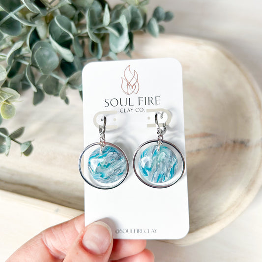 Teal & Silver Marbled Circle Drop - Fall Statement Earrings