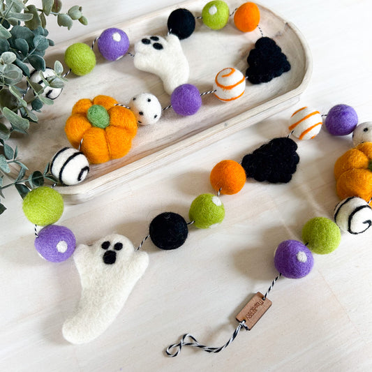 Ghost, Bat & Pumpkin - Green, Orange & Purple - Halloween Felt Garland