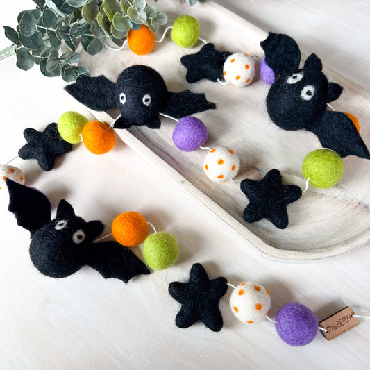 Bat Garland - Green, Orange & Purple - Halloween Felt Garland