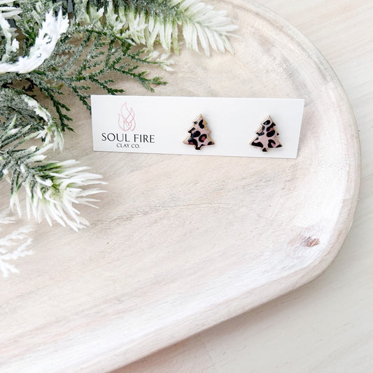 Leopard Print Christmas Tree Stud Earrings