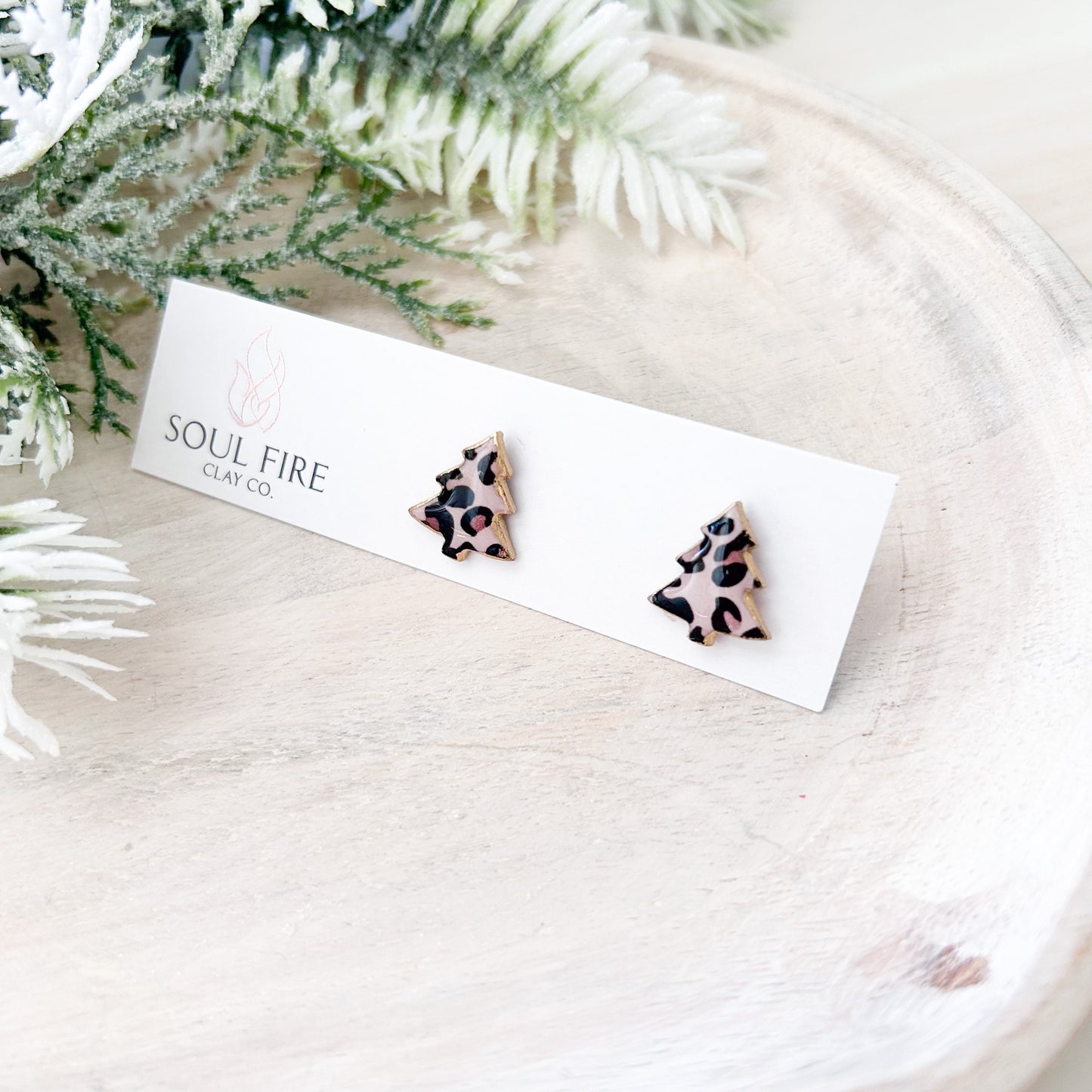 Leopard Print Christmas Tree Stud Earrings