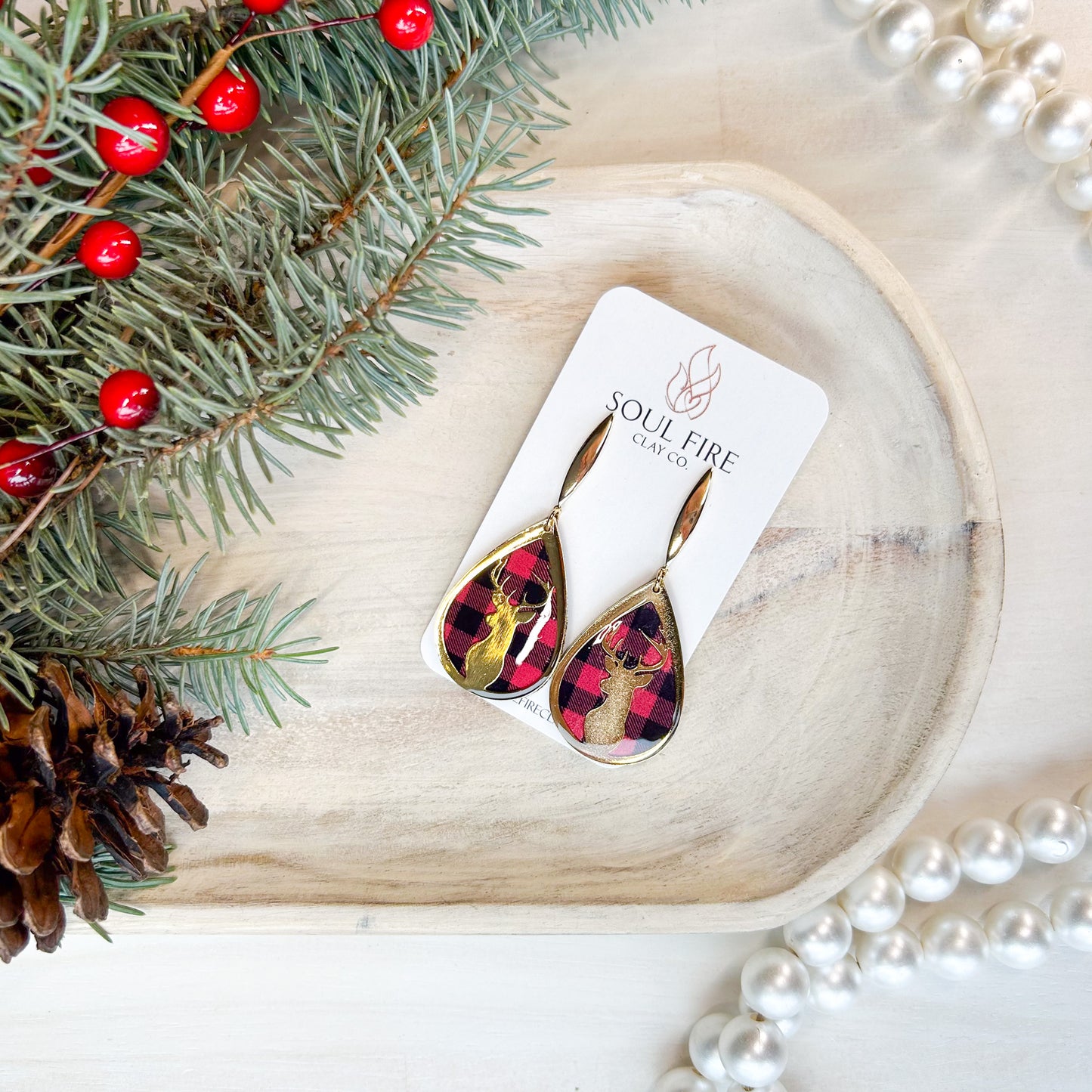 Buffalo Plaid Deer - Christmas Statement Earrings