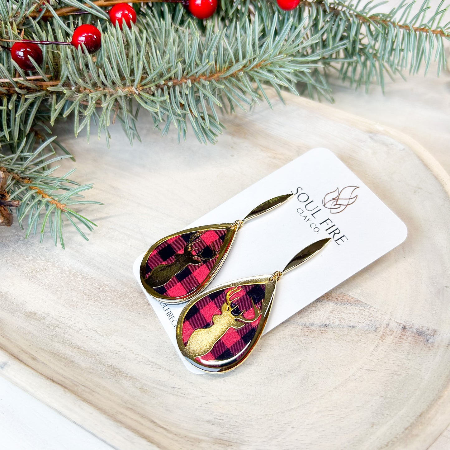 Buffalo Plaid Deer - Christmas Statement Earrings