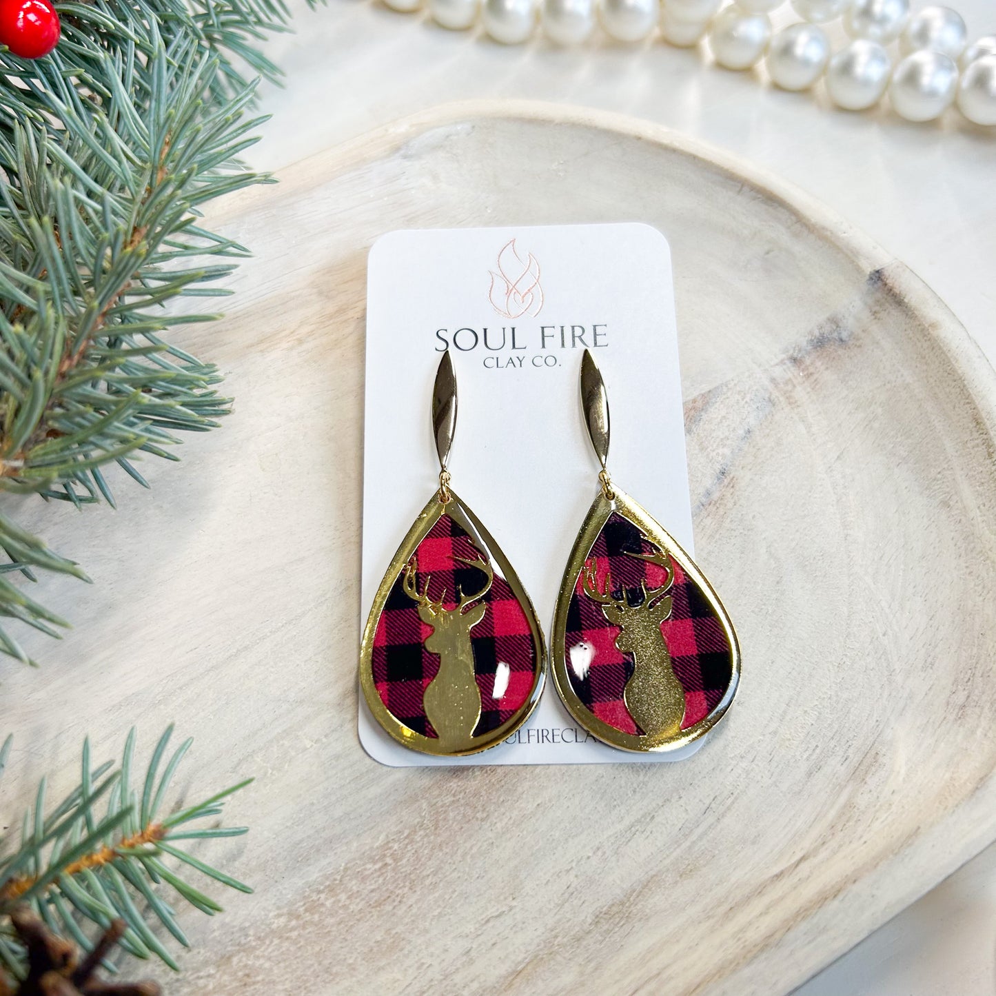 Buffalo Plaid Deer - Christmas Statement Earrings