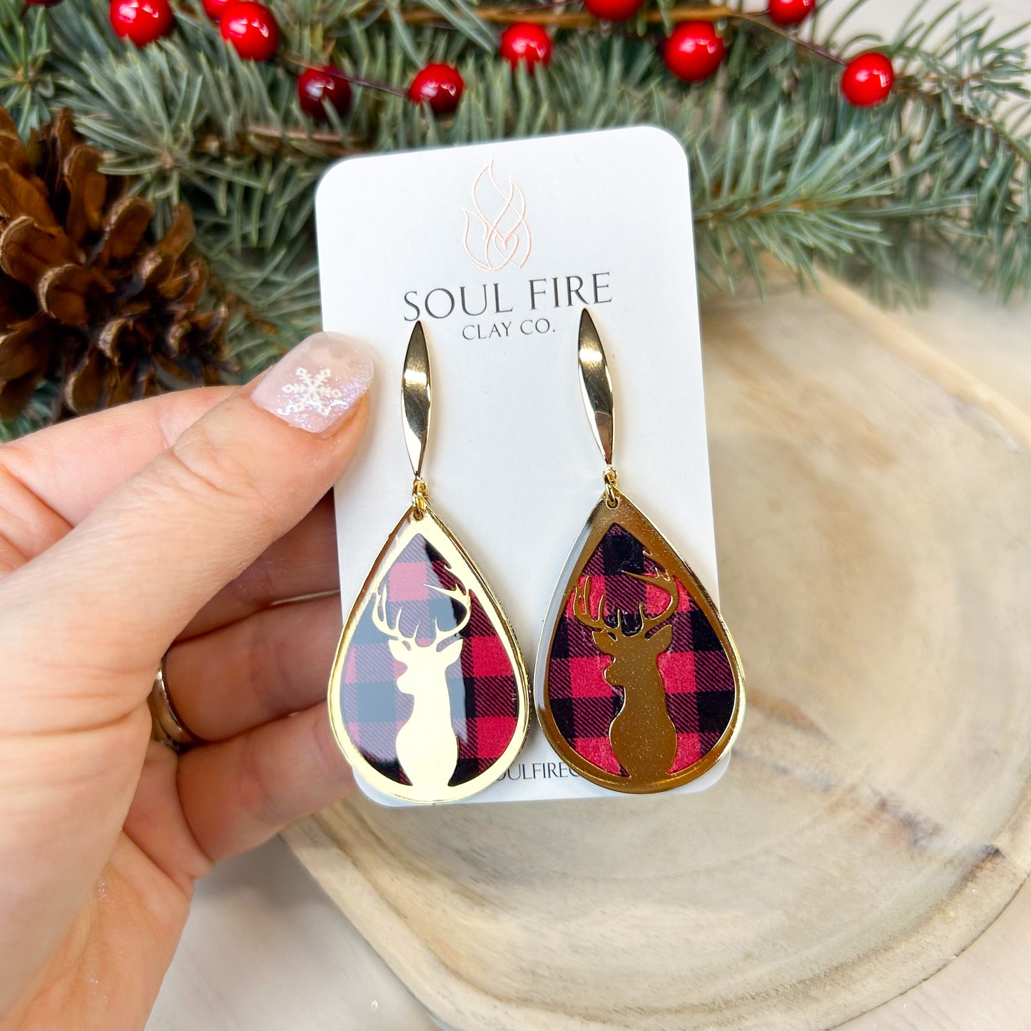 Buffalo Plaid Deer - Christmas Statement Earrings