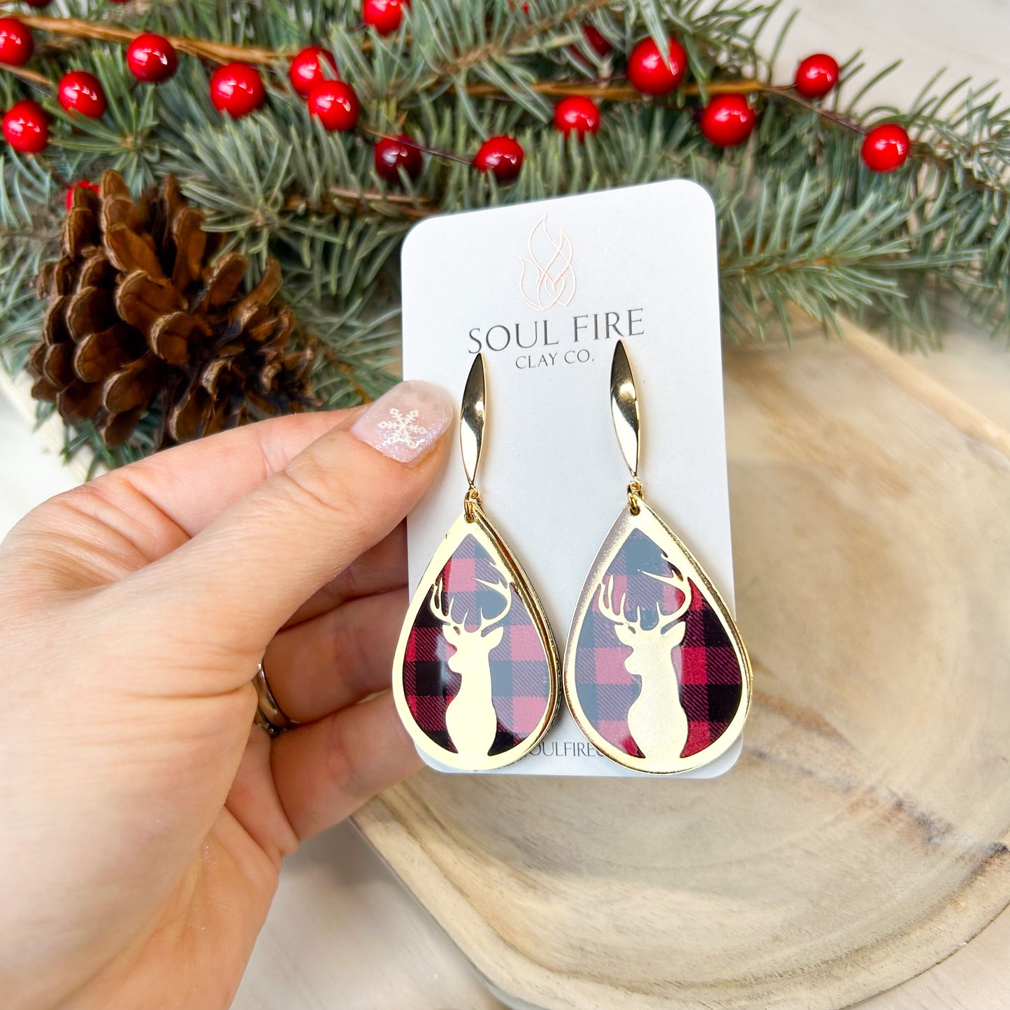 Buffalo Plaid Deer - Christmas Statement Earrings