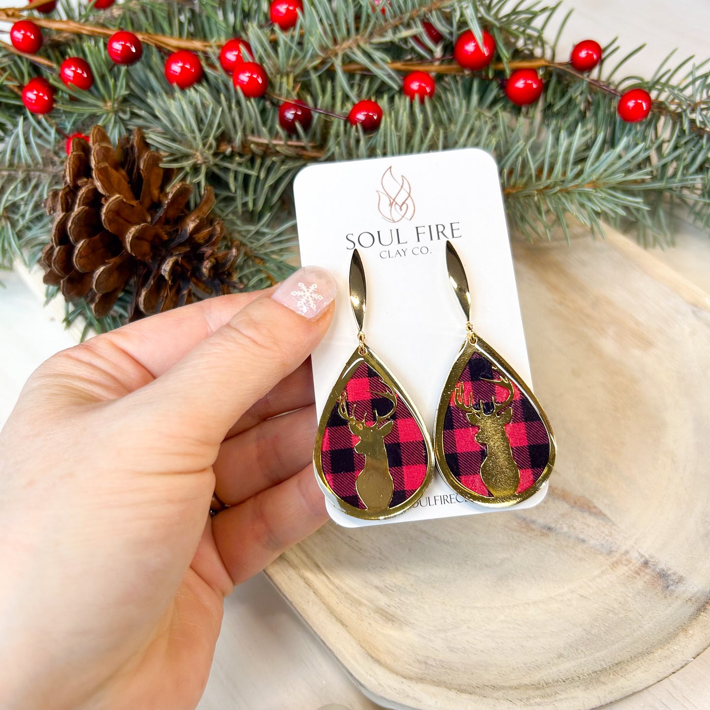 Buffalo Plaid Deer - Christmas Statement Earrings