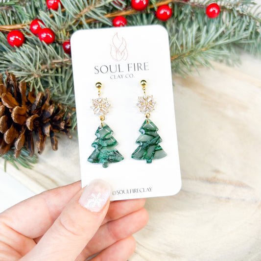 Marbled Green Tree - Christmas Statement Earrings